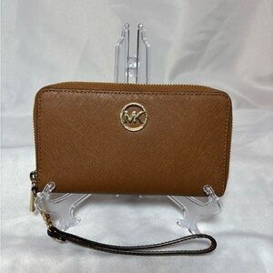 Michael Kors Brown Large Flag Multifunctional Phone Wristlet Wallet